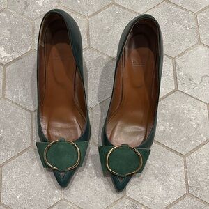 Green leather pumps with buckle detail
